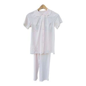 Shadowline Light Peach Pink Pajama Set Women's XS PETITE Vtg Silky Short Sleeve